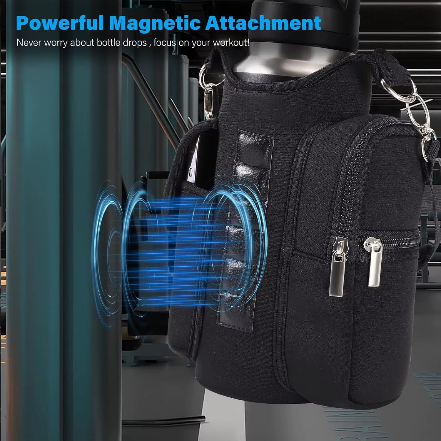 Magnetic Gym Bag Water Bottle Carrier Holder with Phone Pockets & Shoulder Strap,5 Built-In Magnets Gym Bottle Pouch Sleeve