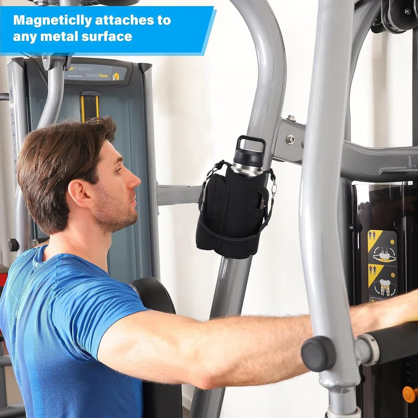 Magnetic Gym Bag Water Bottle Carrier Holder with Phone Pockets & Shoulder Strap,5 Built-In Magnets Gym Bottle Pouch Sleeve